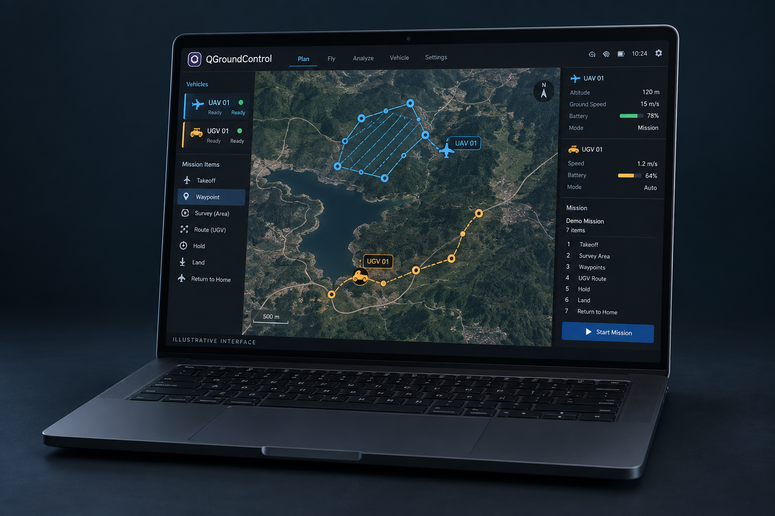 AI-generated illustrative QGroundControl laptop interface for UAV and UGV mission management